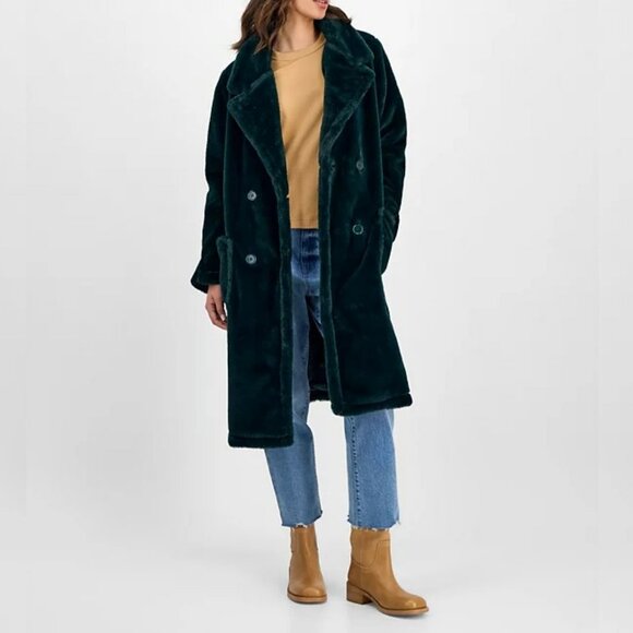 Jou Jou Women's Faux-Fur Double-Breasted Coat Hunter Green Size S (MSRP $100) - Picture 1 of 8